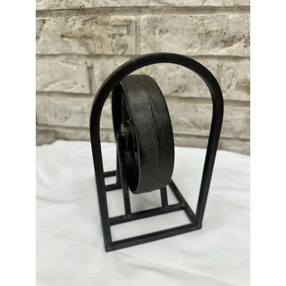 Vintage Industrial Pulley Wheel Bookend Heavy Metal Steampunk Desk Office Decor